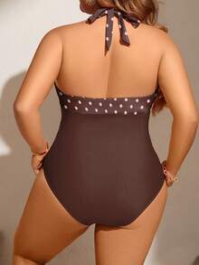 SHEIN Swim Curve Plus Size Women's Polka Dot Colorblock Halter One-Piece Swimsuit, Suitable For Beach Vacation, Pool Party, Beach Party - Brown - View 2