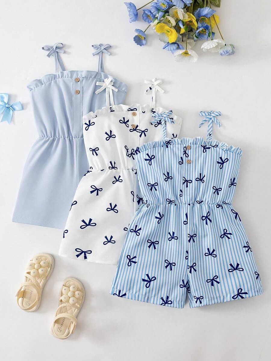 SHEIN 少女荷葉邊飾肩部蝴蝶結裝飾吊帶連身褲 - 藍色 - 查看 1