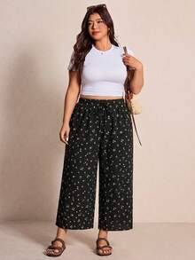 SHEIN Essnce 休閒日常百搭碎花大尺碼女款繫帶寬腿褲 - 彩色 - 查看 5