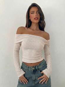 Aloruh Apricot Striped Knit Long Sleeve Fitted T-Shirt Top With Off-Shoulder - Apricot - View 5