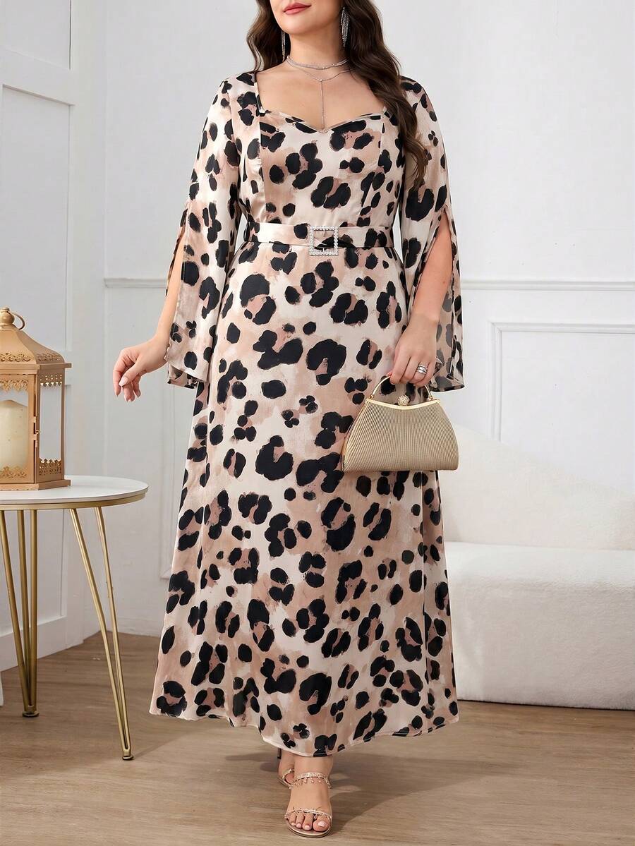 Modelyn 大尺碼女款水鑽扣腰收腰豹紋優雅洋裝 - 彩色 - 查看 1