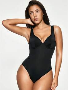 SHAPORA American Sexy Style Solid Color Sleeveless Underwire Seamless Camisole Jumpsuit, Cotton Crotch - Black - View 5