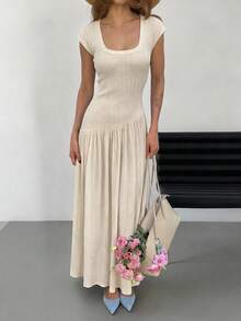 Firerie Abito lungo estivo da donna minimalista ed elegante, casual da pendolarismo quotidiano, vestibilità aderente, in maglia testurizzata color albicocca, maniche a cappuccio, scollo quadrato e rotondo, vita bassa con design vita stretta, linea ad A, effetto snellente, outfit da insegnante, abito per vacanze estive e spiaggia - Albicocca - Visualizzare 3