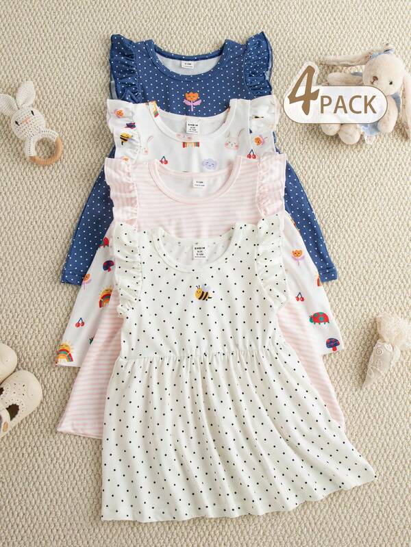 Souflis Souflis 4pcs/Set Baby Girl Cute Floral Print Cap Sleeve Ruffle Dress, Summer