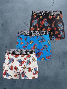SUPERMAN X SHEIN Men's Cartoon Print Comfortable Casual Boxer Shorts - Black and White - View 1