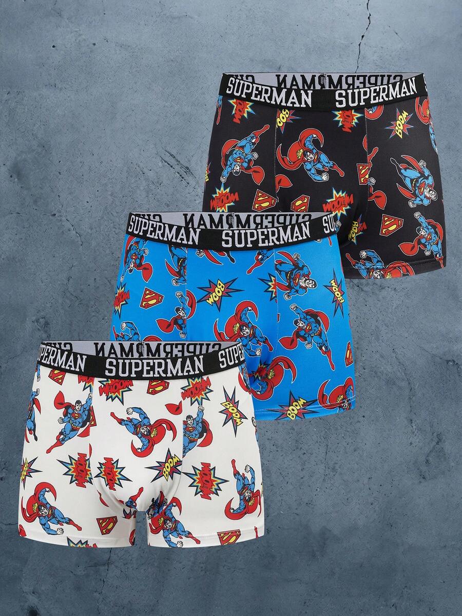 SUPERMAN X SHEIN Men's Cartoon Print Comfortable Casual Boxer Shorts - Black and White - View 1