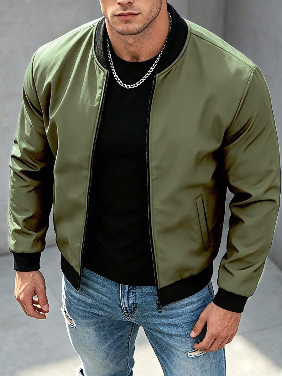 Manfinity Homme Men's Colorblock Long Sleeve Zipper Front Casual Baseball Jacket - Army Green - View 1