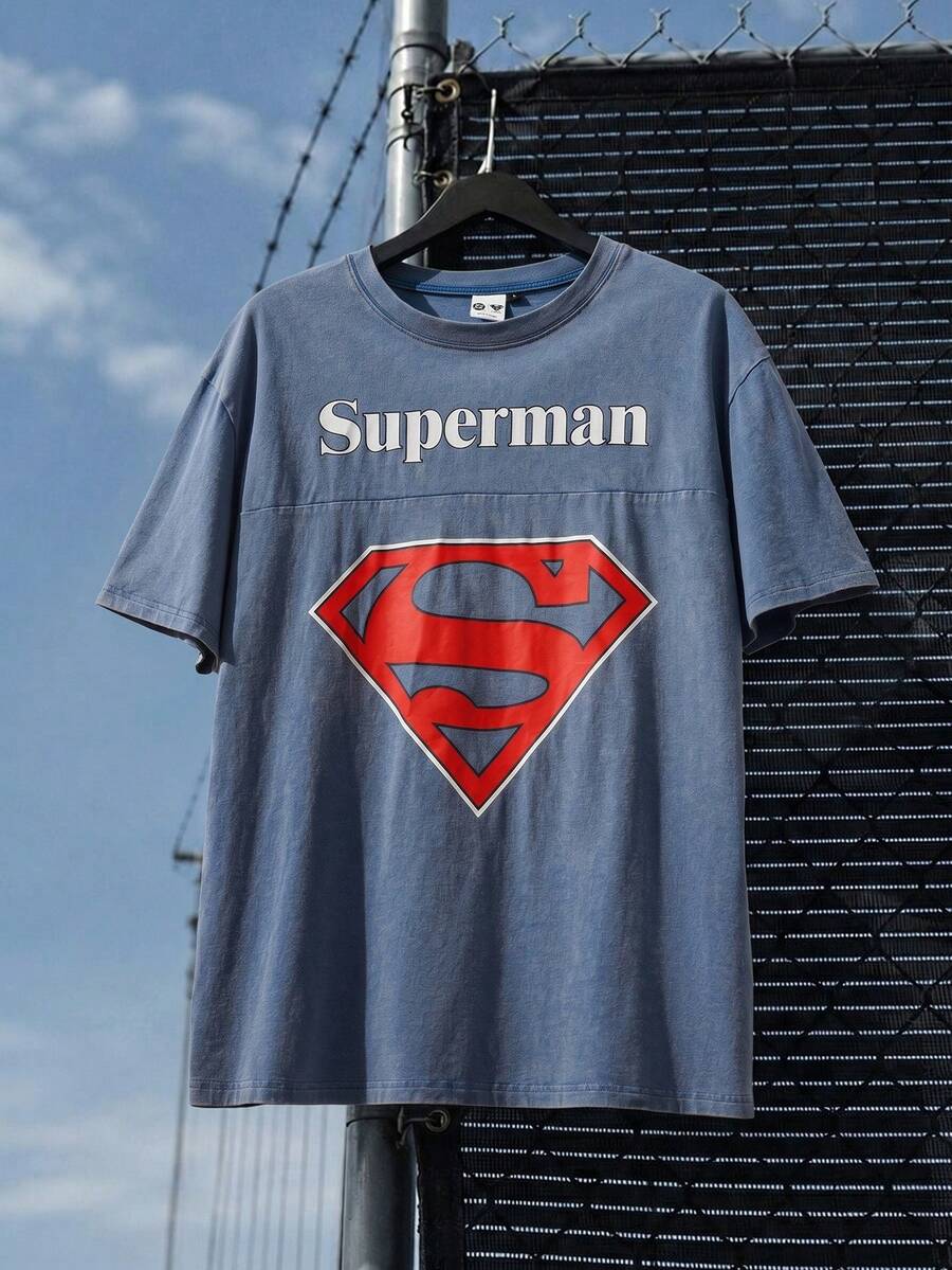 SUPERMAN X SHEIN Men's Summer Casual Letter Print T-Shirt - Blue - View 1