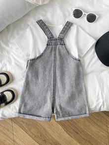 SHEIN Playful Pals Baby Boys Denim Overalls, All-Season, Mid-Blue Denim Color, Preppy Style, Simple, Casual & Comfortable, Patchwork Contrast Design, Soft Cotton Denim, Comfortable For Daily Wear, Travel, 2026 New Arrival - Light Grey - View 2