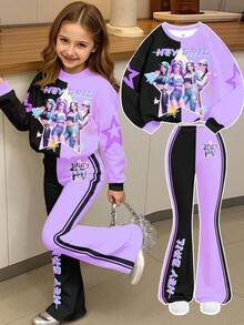 Young Girl Round Neck Letter Cartoon Print Long Sleeve Sweatshirt And Flared Autumn Pants Casual Daily Outfit Set - Multicolor - View 6