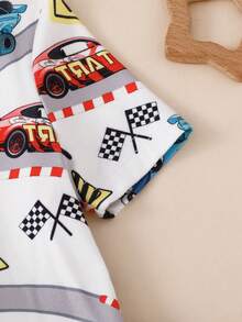 Boys' Simple Fashionable Cool Car Print All-Over Pattern Colorblock Red Crew Neck Ribbed Fabric Snug Fit Short Sleeve Top And Shorts 2-Piece Loungewear Set - Multicolor - View 6