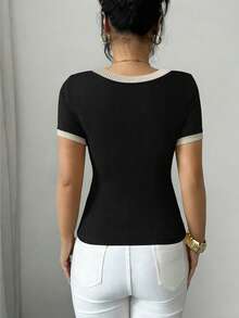 Elenzga Women's Summer Daily Commute Contrast Trim Round Neck Ribbed Short Sleeve T-Shirt - Black - View 4