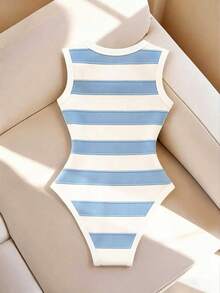 Resyla Striped Contrast Color Embroidered Heart Women's Round Neck Digital Print Bodysuit - Multicolor - View 2