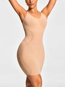 SHEIN Đầm định hình liền mạch dạng dây mảnh Spaghetti Shapewear Body Shaper nâng ngực & mông Kiểm soát eo bụng đùi - Màu be - Xem 3