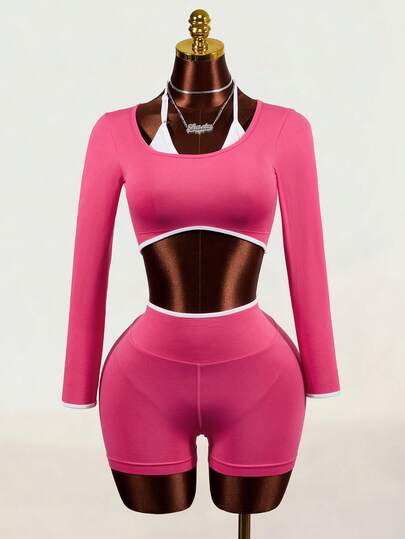 Mistrie 2pcs Women's 2 In 1 Cropped Long Sleeve Top + Halter Neck Backless Bra & Shorts Set, Rose Red Fashionable Outerwear Sports Set, Suitable For Daily, Fitness, Yoga, Work Wear