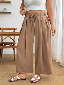 Enliva Plus Size Women Khaki Wide Leg Pants High Waist Drawstring Elastic Casual Pocket Vacation Summer - Khaki - View 6