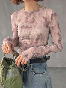 DAZY Summer Autumn Pink Gradient Lace T-Shirt, Wedding Night Out Banquet Slim Fit Elegant Y2k Sheer Mesh Long Sleeve Women's Blouse Graphic Tee - Pink - View 7