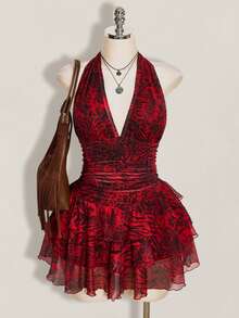 SHEIN ICON Plus Size Women's Leopard & Zebra Print Pleated Sexy Halter Neck Dress For Date And Party - Red - View 3