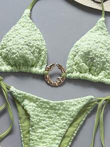 Bonvoyette 3pcs Spring/Summer Vacation Floral Textured Fabric Gold Asymmetrical Ring Decor Halter Triangle Bikini Top, Side Tie Bikini Bottoms & Sarong Sexy Women's Swimwear Set - Mint Green - View 3