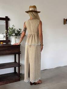 DAZY 女款夏季休閒波西米亞風水洗鏤空刺繡鈕扣前襟荷葉邊飾牛仔背心與牛仔迷你裙套裝，度假卡其色 - 卡其色 - 查看 2