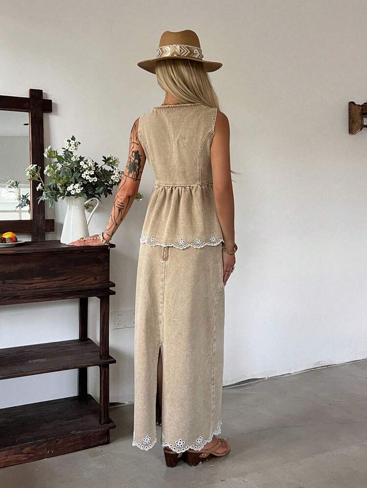 Women's Summer Casual Washed Hollow Embroidery Button Front Ruffle Hem Denim Tank Top And Denim Mini Skirt Set