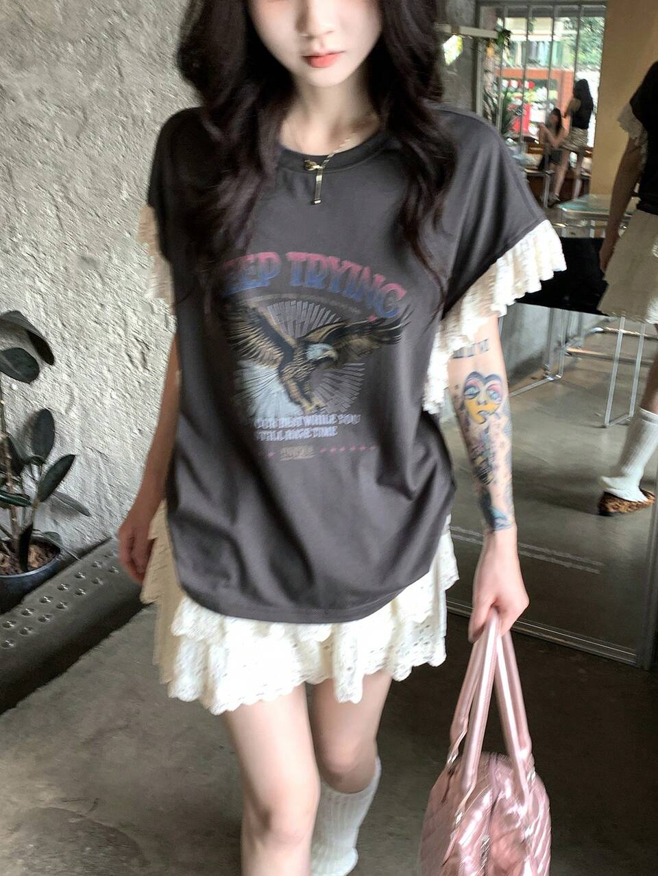 Women's Casual Eagle Print Lace Patchwork T-Shirt, Summer