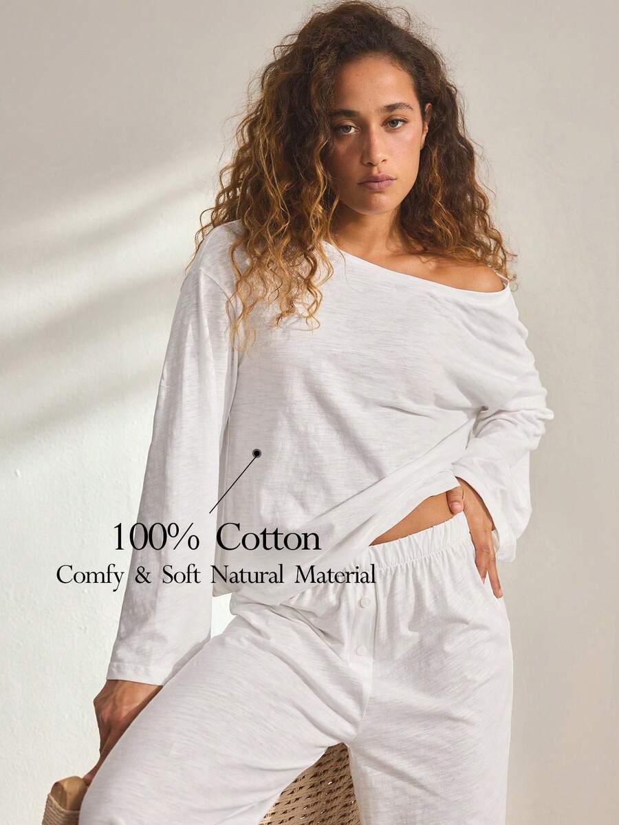 Ocili 2 pièces Ensemble décontracté de haut à manches longues en coton doux et confortable et short, short avec faux devant et boutons coquillages, ensemble de pyjama minimaliste pour femmes - Blanc - Voir 1