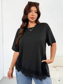 Shapeblank Plus Size Women's Spring/Summer Fashion Casual Loose Elastic Comfortable Daily Basic Versatile Slimming Lace Trim Patchwork Asymmetrical Hem Short Sleeve Black T-Shirt, Outing Top, Vacation, Minimalist Style, Lace Top - Black - View 5