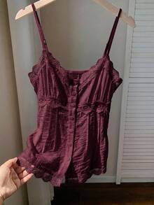 Comfortcana Women's Solid Color Contrast Lace Single-Breasted Camisole Top - Brown - View 8