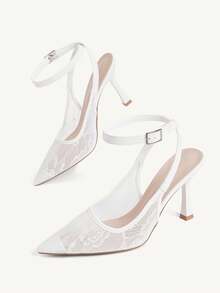 CUCCOO CHICEST 女款尖頭白色蕾絲網紗踝帶時尚性感優雅高跟鞋，適合晚餐聚會與約會 - 2019蕾絲網白色2# - 查看 6