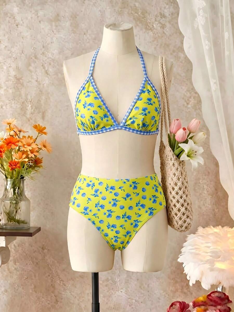 SHEIN 少女春夏秋季优雅沙滩度假露背吊带可爱碎花双面比基尼套装柠檬泳衣少女泳装两件套黄色碎花泳衣高腰比基尼 - 彩色 - 查看 1