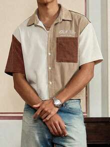 SWAVVY Men's Spring/Summer Patchwork Corduroy Short Sleeve Shirt - Khaki - View 4