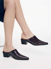 Mnmlis New European And American Patent Leather Pointed Toe Mules Shoes Women, Thick Heel Outside Slippers, Workplace Commuting Versatile Low Vamp Shoes Fall Shoes - Coffee Brown - View 10