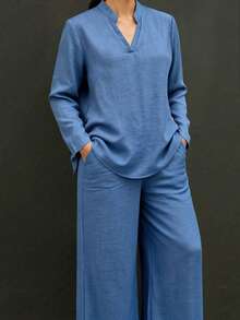 EMERY ROSE Plus Size Women's Spring/Summer Casual Crinkle Notch Collar Short Sleeve Pullover Shirt And Straight Leg Casual Pants With Pockets 2-Piece Set, Simple Casual Work Commute Daily - Blue - View 6