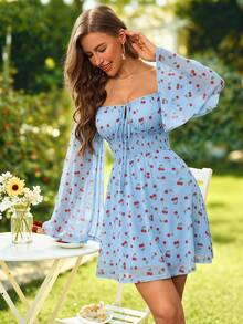Vestido corto para mujer con mangas largas de hombros descubiertos, con estampado de cerezas y cierre delantero - Negro - Ver 7