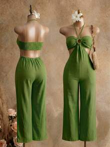 BamGleam Women's Solid Color Cutout Design Halter Neck Sexy Jumpsuit For Vacation - Army Green - View 6