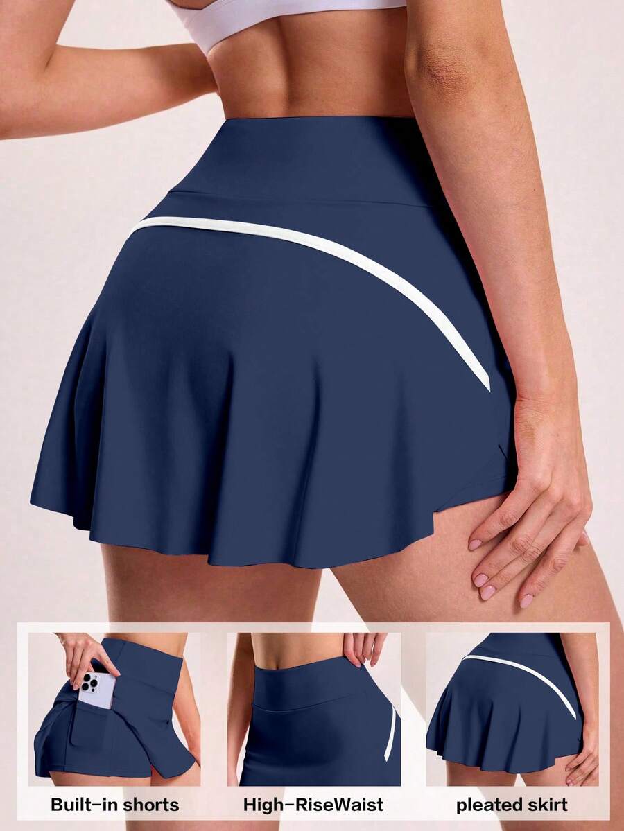 SHEIN Sovereign Charm 女款拼色口袋休閒百搭日常旅行運動裙褲 - 藏蓝色 - 查看 1