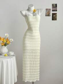 Sunnyshic Vestido de mujer con volantes en capas, jacquard, bandeau y tirantes finos - Amarillo - Ver 4