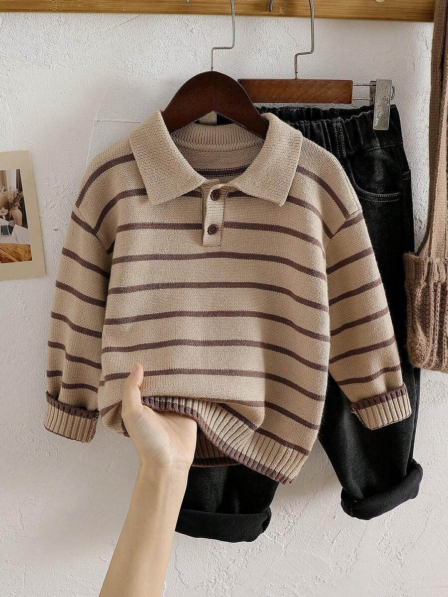 SHEIN Playful Pals 男童翻領長袖條紋拼接毛衣，適合春秋冬季穿著