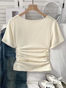 SHEIN EZwear 大码女式夏季纹理面料T恤，弹力度假风T恤 - 米色 - 查看 2