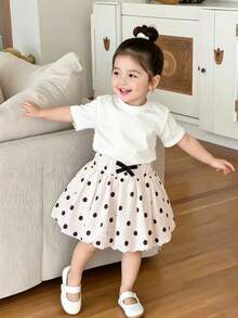 SHEIN Elladie kids 2026新款女童黑白波點苞裙，甜美蝴蝶結設計高腰A字裙，清新俏皮百搭小女孩裙 - 黑與白 - 查看 4