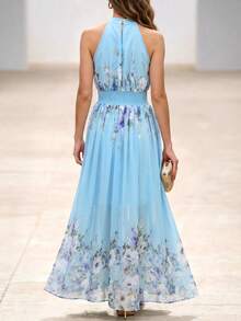 SHEIN LUNE 女士雪纺印花露背中长连衣裙，优雅度假风春夏装 - 彩色 - 查看 2