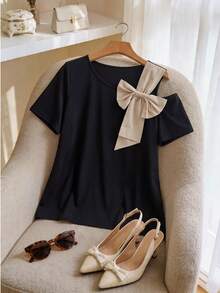 CosyJoli Women's Plus Size Bow One Shoulder Apricot Plus Size Black Shirt Fashion Casual Plus Size T-Shirt Casual Summer Daily Going Out T-Shirt For Women - Black - View 5