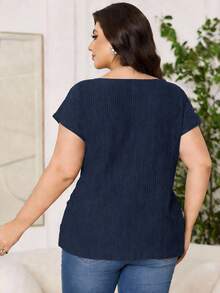 Reflora Kemeja Kasual Lengan Pendek Leher V Warna Polos untuk Wanita Ukuran Besar, Warna Biru Tua, Cocok untuk Musim Panas. - Navy Blue - View 6