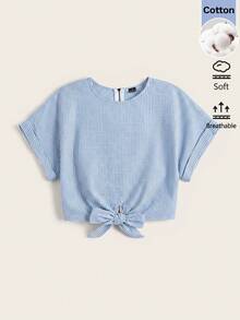 SHEIN LUNE 女款休閒海濱熱帶風情時尚夏季度假通勤沙灘基本款外出拉鍊綁帶短袖藍白條紋襯衫 - 藍白色 - 查看 5