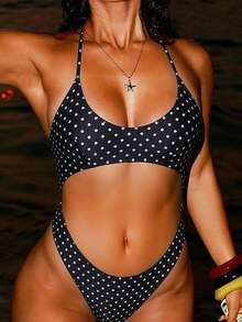 Swim SXY Summer Beach Women's Vacation American Independence Day Cut-Out Backless Halter Neck Sexy High-Cut One-Piece Swimsuit - Black and White - View 6