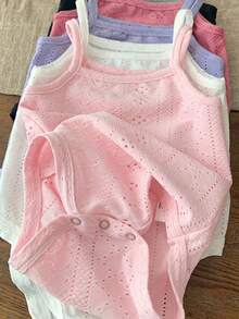 SHEIN LMoss Kids Newborn Baby Girl Summer Cute Knit Solid Color Strap Camisole 5pcs/Set - Hot Pink - View 4