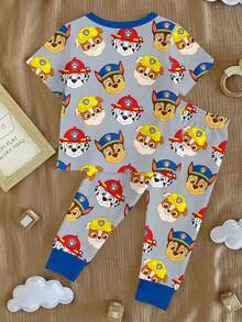 SHEIN | PAW Patrol 小男孩休閒簡約修身舒適圓領短袖上衣與長褲套裝，適合春夏季，貼身剪裁，經典可愛，Rubble、Chase、可愛勇敢前行卡通圖案印花 - 彩色 - 查看 2
