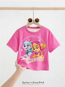 SHEIN | PAW Patrol 女嬰圓領字母卡通圖案休閒百搭日常外出短袖T恤 - 彩色 - 查看 1