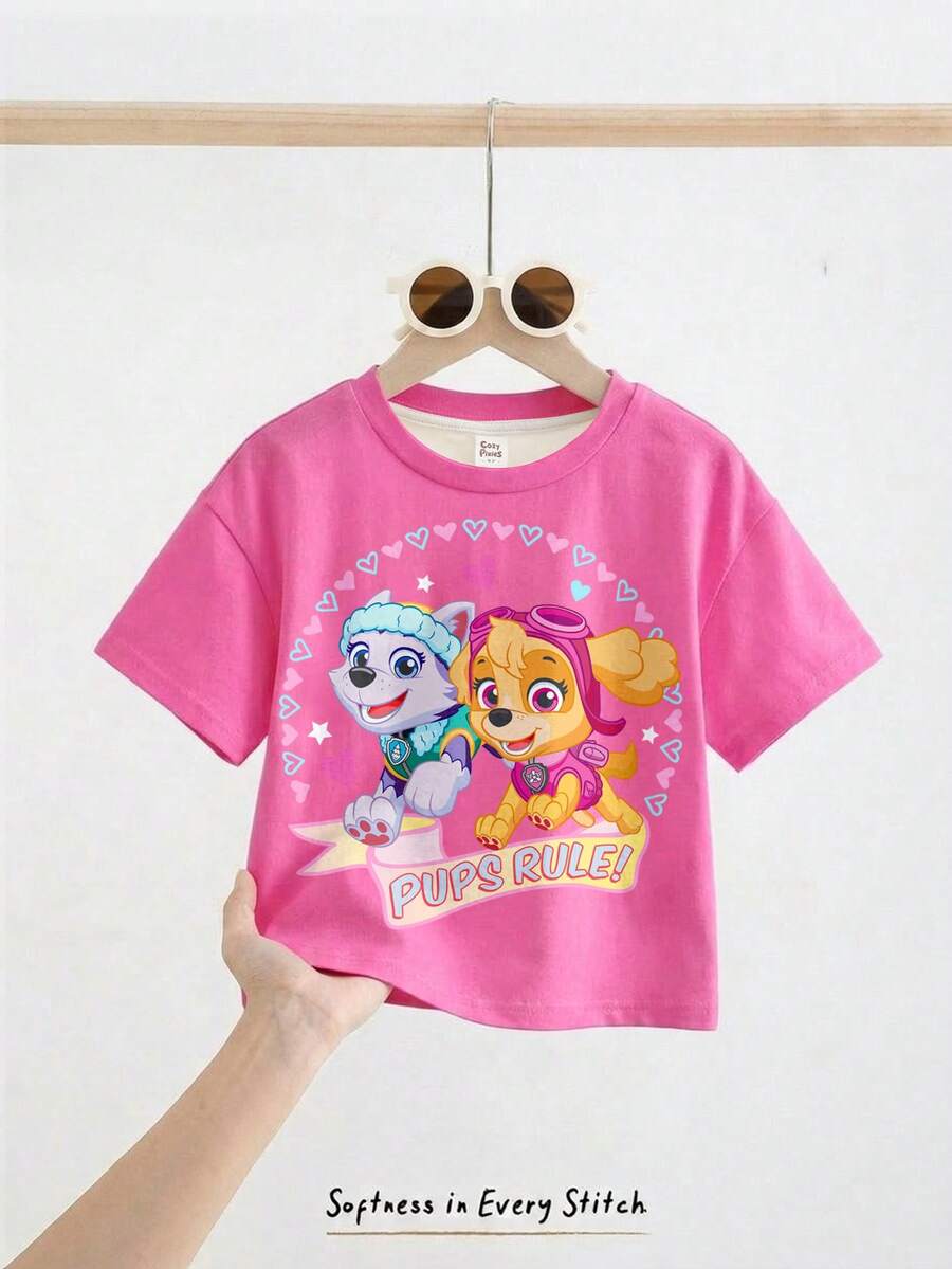 SHEIN | PAW Patrol 女嬰圓領字母卡通圖案休閒百搭日常外出短袖T恤 - 彩色 - 查看 1